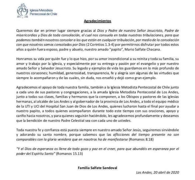 Carta de agradecimiento por parte de la familia Salfate Sandoval